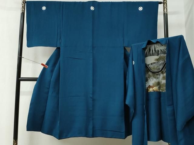 平和屋着物○男性 色紋付 羽織セット 藍色 羽裏：遠山枝松葉 正絹 逸品