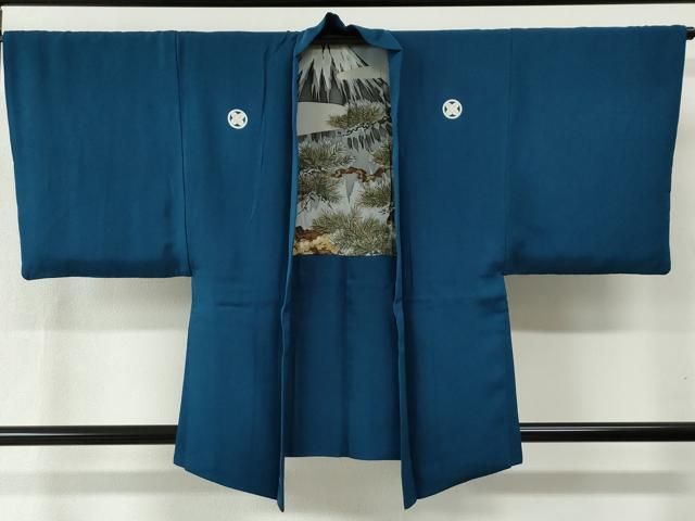 平和屋着物●男性　色紋付　羽織セット　藍色　羽裏：遠山枝松葉　正絹　逸品　CABB4741yc 平和屋着物○男性 色紋付 羽織セット 藍色 羽裏：遠山枝松葉 正絹 逸品
