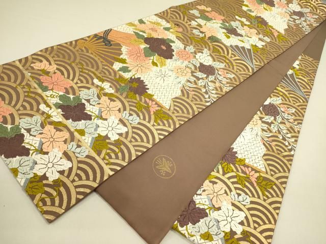 平和屋着物○西陣 河合美術織物謹製 六通柄袋帯 唐織 能衣錦 扇花文