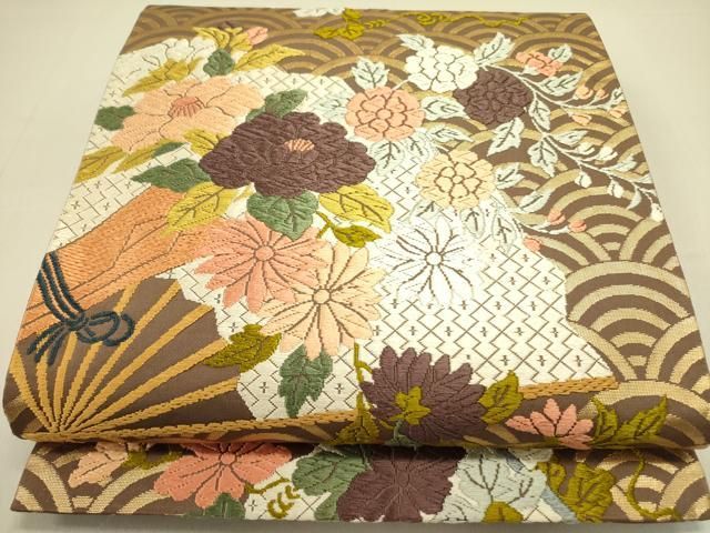 平和屋着物○西陣 河合美術織物謹製 六通柄袋帯 唐織 能衣錦 扇花文