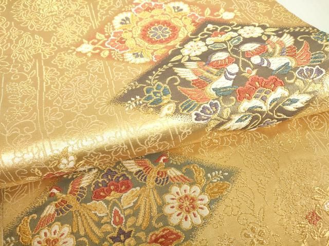 平和屋着物▽六通柄袋帯 向い鳥更紗花文 箔全通 金糸 正絹 逸品