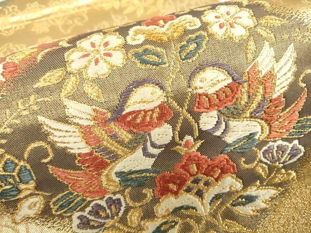 正絹★袋帯★未使用★花紋★更紗紋様 平和屋着物▽六通柄袋帯 向い鳥更紗花文 箔全通 金糸 正絹 逸品