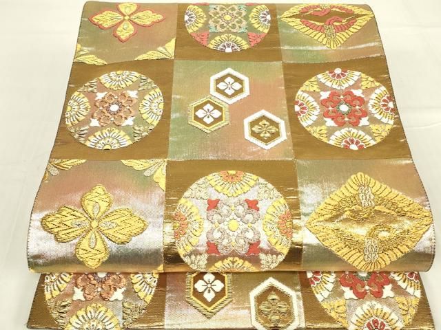 平和屋着物▽六通柄袋帯 格子吉祥花鳥文 金銀糸 鈴乃屋扱い 正絹 逸品