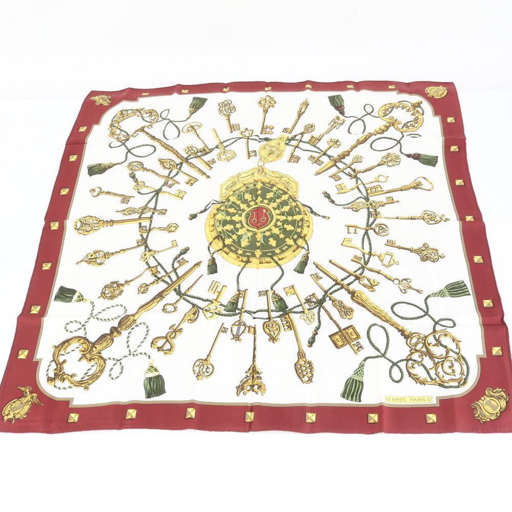 美品 エルメス カレ 90 LES CLES 鍵 スカーフ ストール ワインレッド