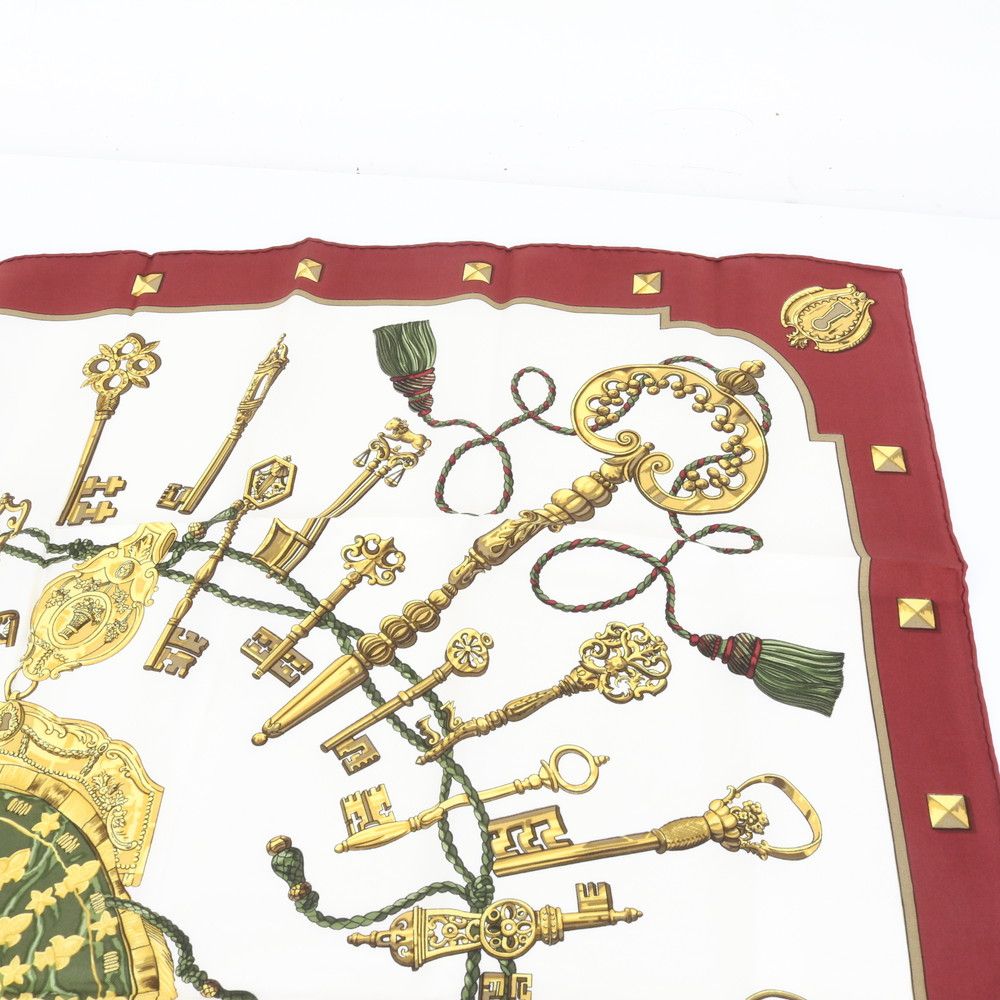 美品 エルメス カレ 90 LES CLES 鍵 スカーフ ストール ワインレッド