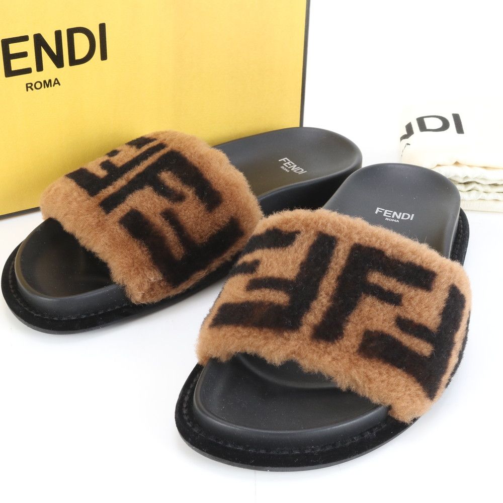 極美品 フェンディ ズッカ ファー サンダル 35 靴 シューズ ボア 婦人