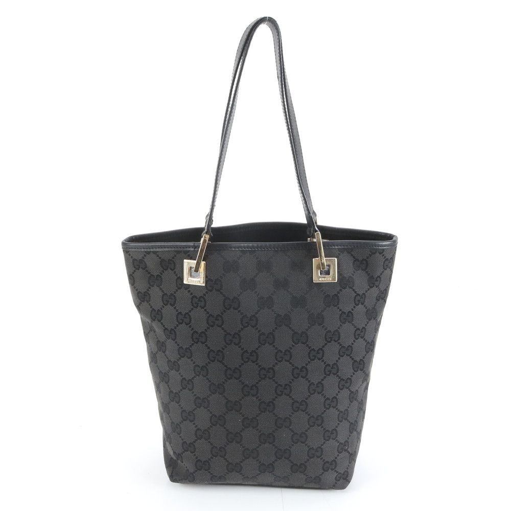 グッチ トートバッグ GGキャンバス レザー 黒 ロゴ型押し イタリア製 美品 GUCCI グッチ ロゴ型押し GGキャンバス レザー トートバッグ