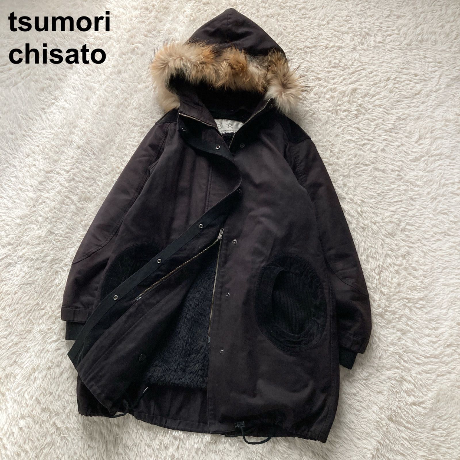 Good Tsumori Chisato TSUMORI CHISATO Mod Coat with Bore Back, Boa Liner, Real Fur, Black, Women's, 2 Sizes, M Equivalent, 100% Cotton, Warm, Travel, Commuter, Super Rare, Casual, Adult, Cute, Stylish, Unique, Outerwear
