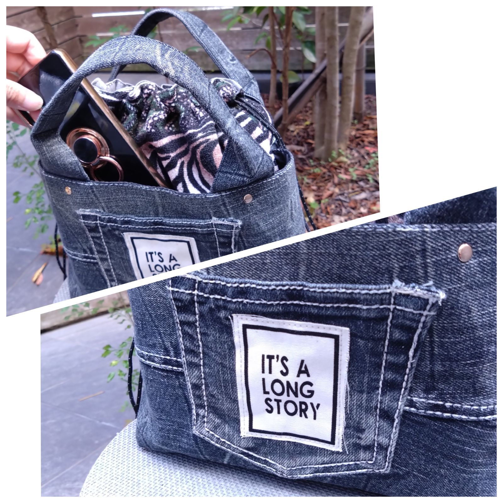 ?№830【DENIM✖️巾着✖️全面あおりポケットToteBAG⚮̈♥】デニム 