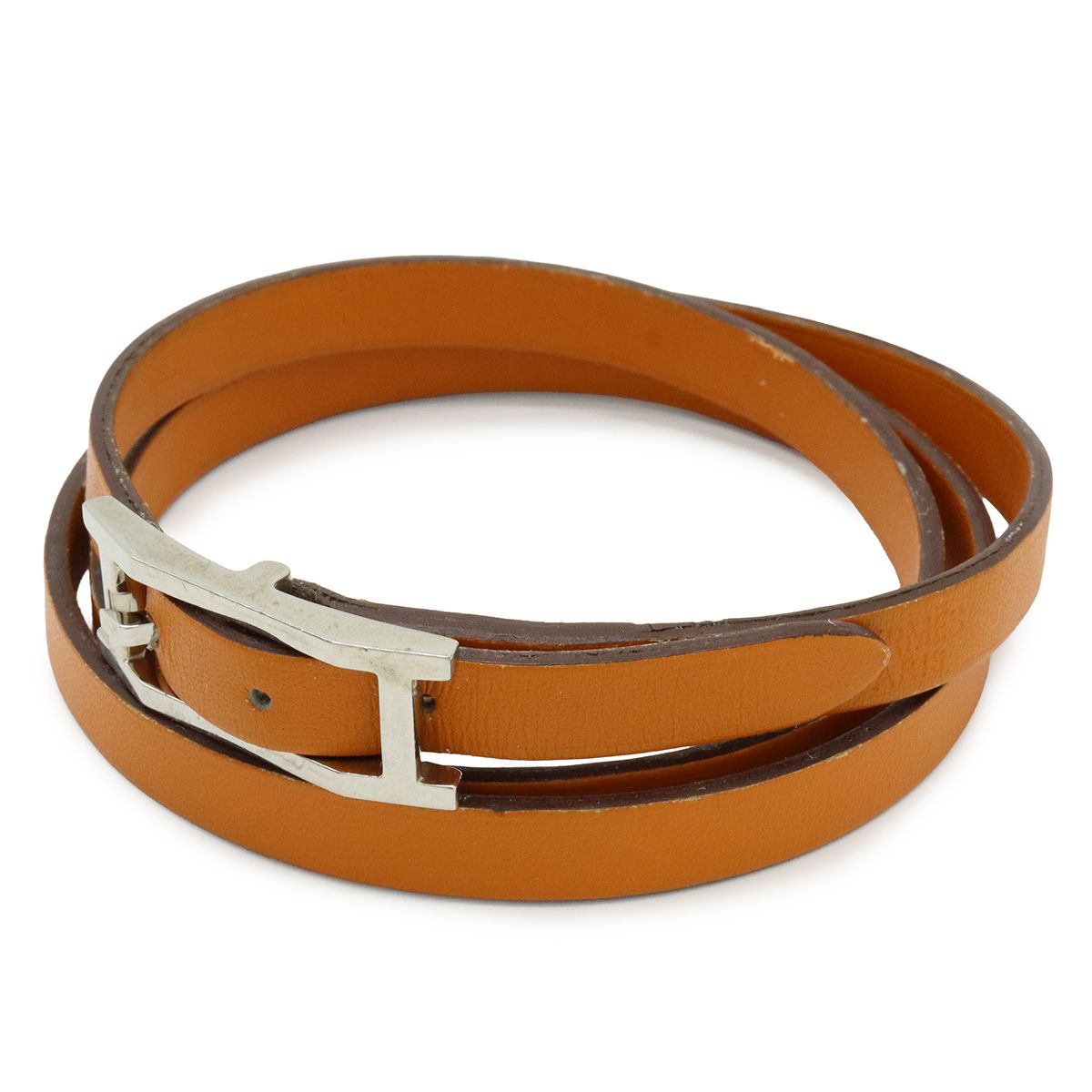 HERMES エルメス アピ3 ロング ブレスレット バングル レザー オレンジ 