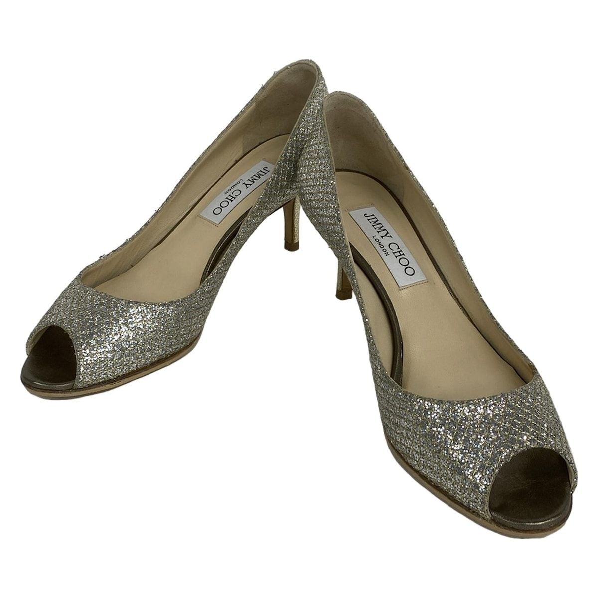 【美品】JIMMY CHOO ジミーチュウ シルバー オープントゥ パンプス JIMMY CHOO パンプス オープントゥ 38 25cm シルバー色