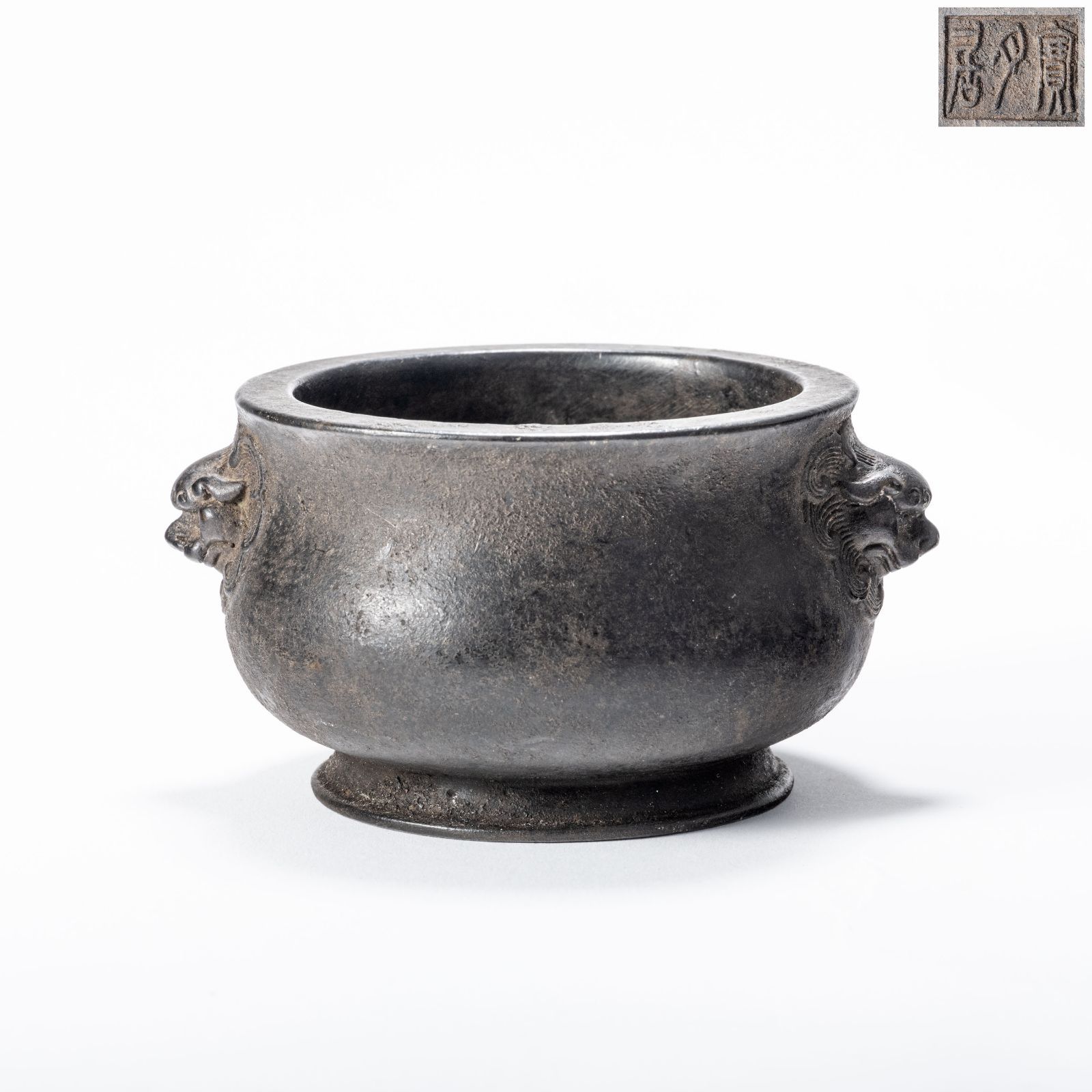 名品】中国古美術 銅製 獅子首耳 香炉 時代感溢れる逸品 宣徳銘 文房具