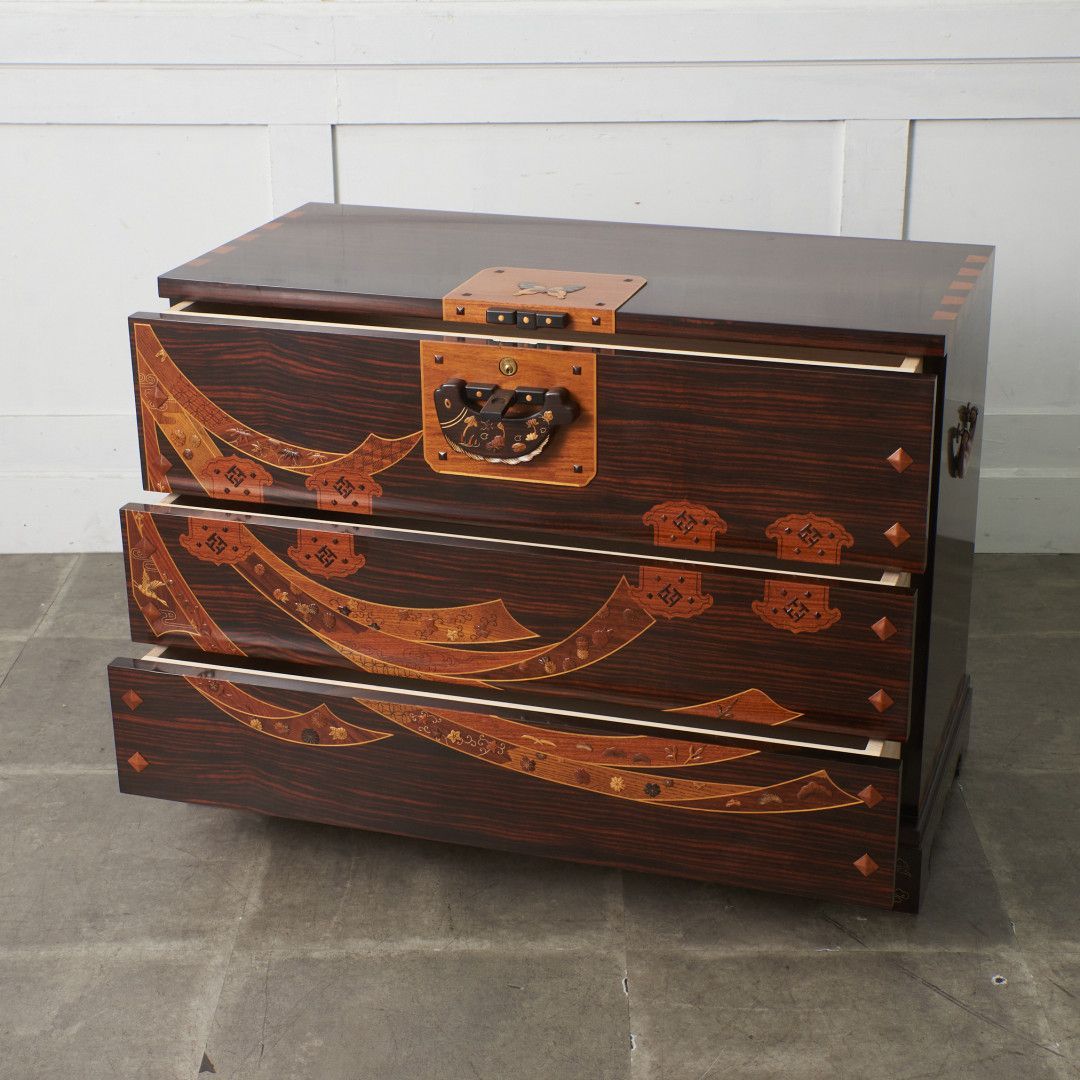 木象嵌 緻密埋木 チェスト 黒檀 紫檀 花梨 和モダン 寄木細工 高級