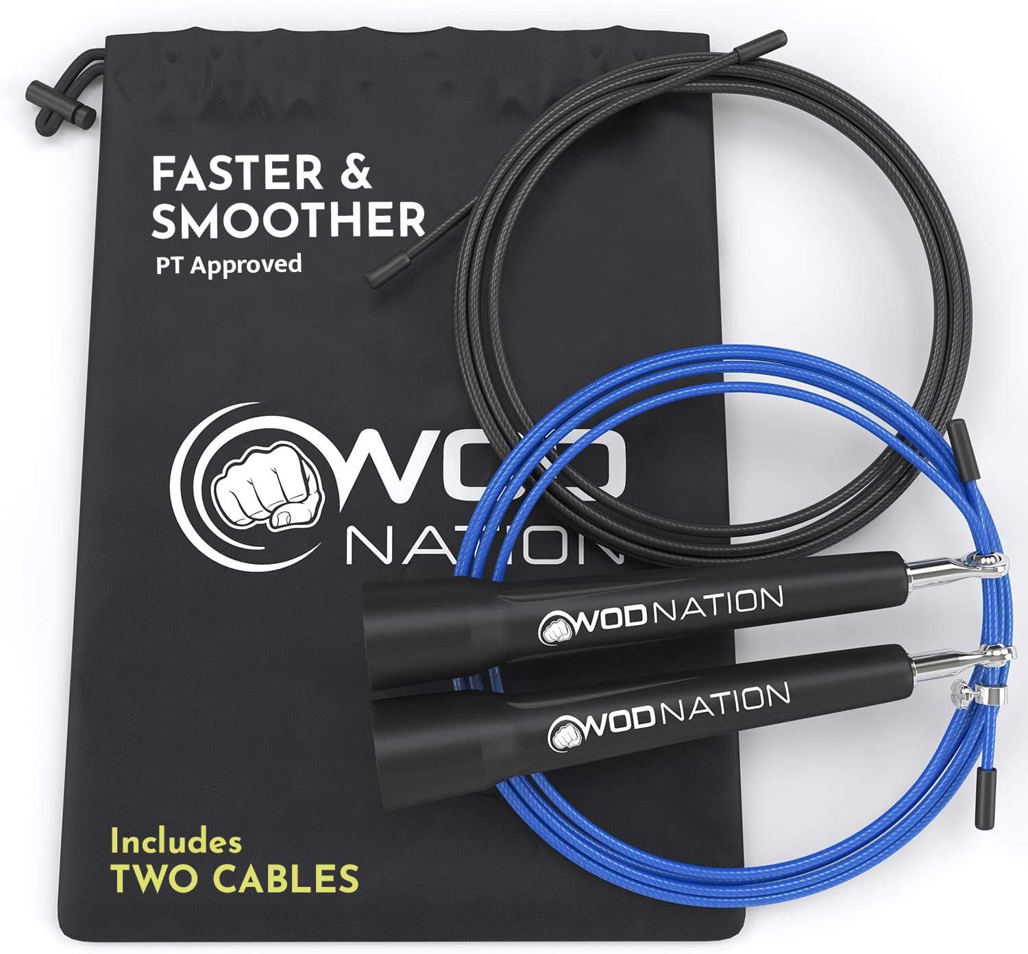 WOD Nation スピードジャンプロープ - 耐久トレーニング用ブレイジングファーストロープ ボクシング MMA 柔術または健康維持のために + 無料トレーニングビデオ付き - 男性 女性 子どもサイズに調整可能 ブラック [Black]
