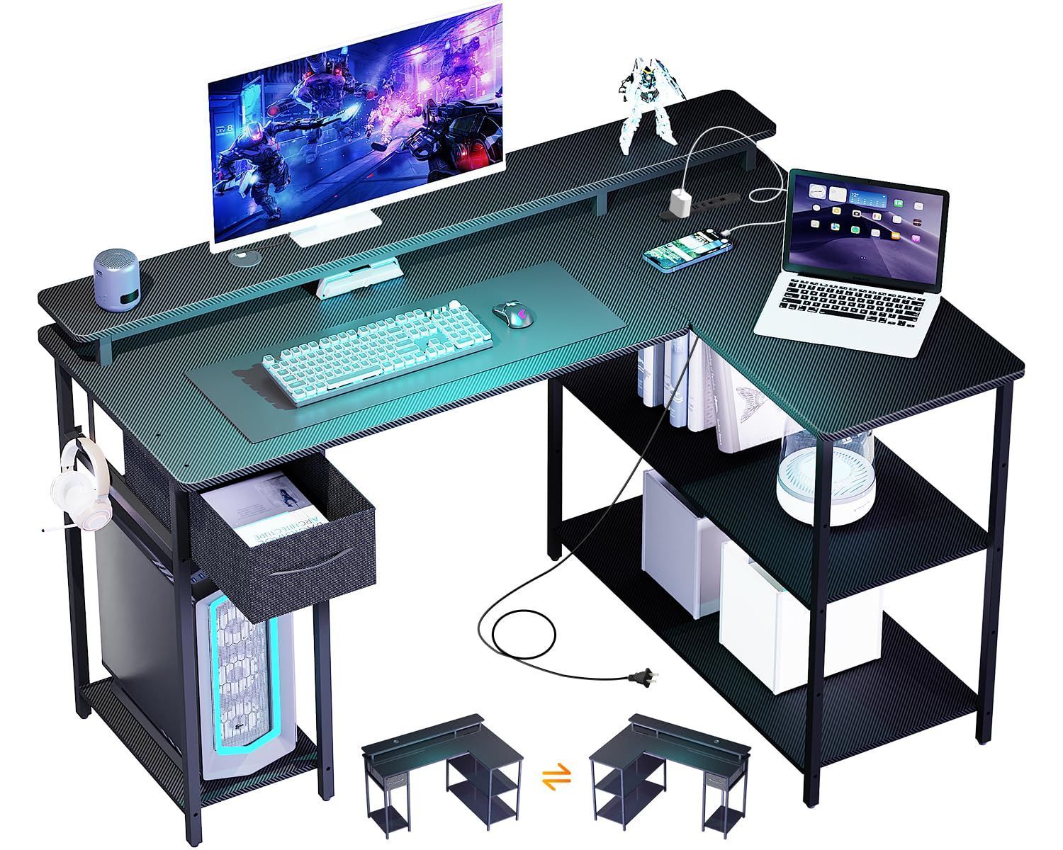 VARNIC ゲーミングデスク パソコンデスク L字型 左右組み替え 電源タップ付き 配線穴付き pcデスク オフィスデスク 127 cm長さ*85 cm奥行*75 cm高さ モニター台付き 可動式棚板 引き出し付き 調整 な脚 省スペース おしゃれ 勉強机