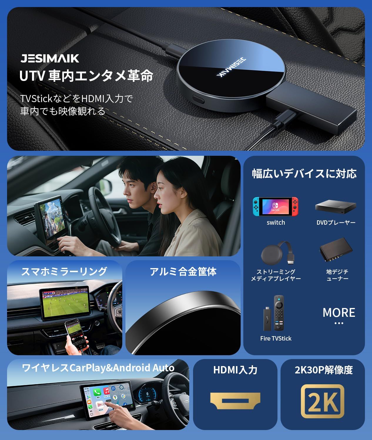 JESIMAIK UTV HDMI入力 ワイヤレスCarPlay/Android Auto 3-in-1