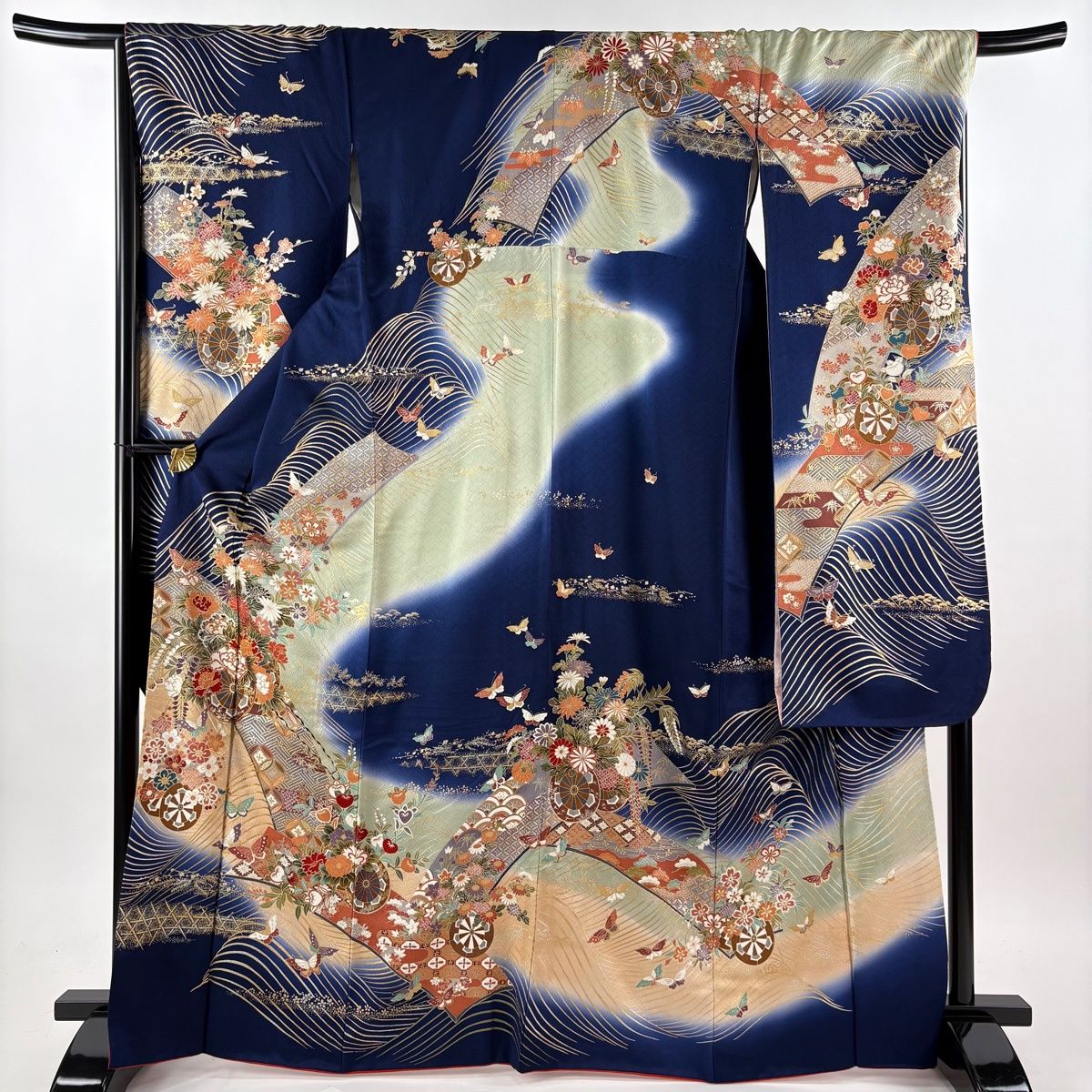 振袖 身丈167.5cm 裄丈67.5cm L 袷 袋帯フルセット 花車 蝶 金銀彩