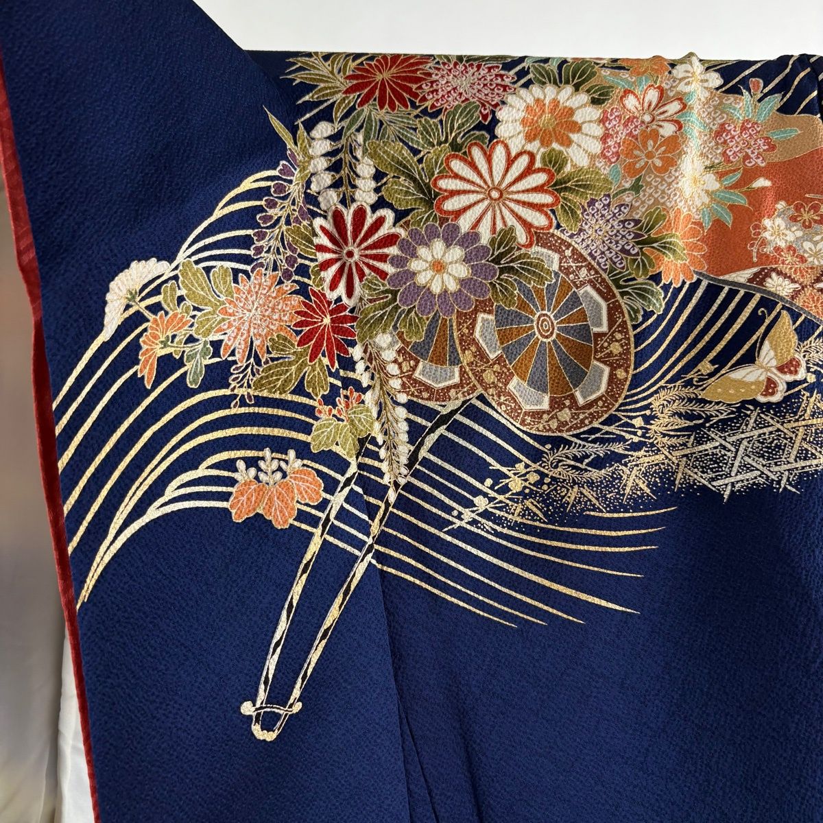 振袖 身丈167.5cm 裄丈67.5cm L 袷 袋帯フルセット 花車 蝶 金銀彩