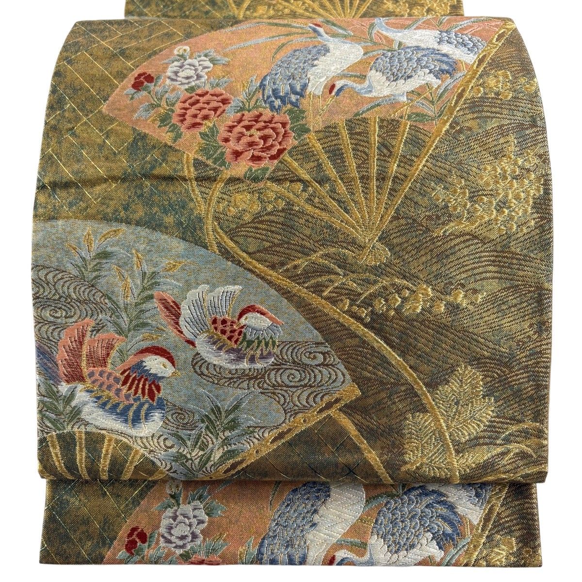 袋帯 秀品 扇 花鳥 刺繍 金糸 茶緑色 六通 正絹 【中古】 - メルカリ
