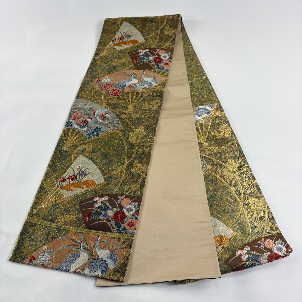 袋帯 秀品 扇 花鳥 刺繍 金糸 茶緑色 六通 正絹 【中古】 - メルカリ