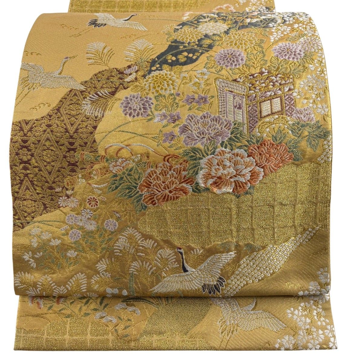 美品】 袋帯 秀品 御所車 花鳥 刺繍 金糸 薄黄土色 六通 正絹 【中古