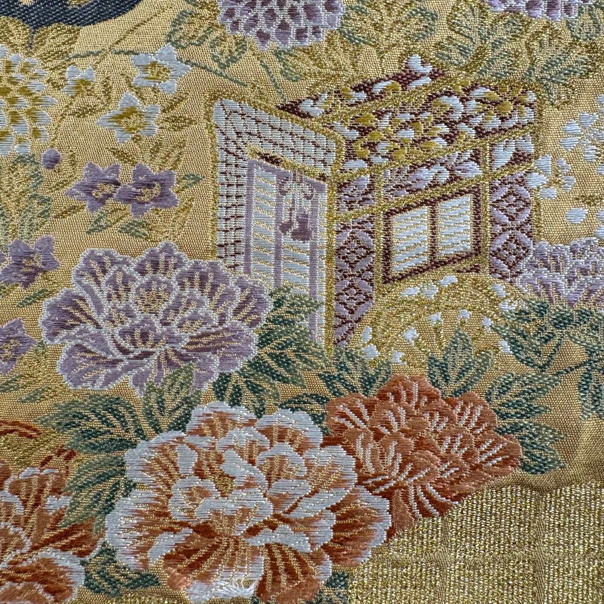 美品】 袋帯 秀品 御所車 花鳥 刺繍 金糸 薄黄土色 六通 正絹 【中古