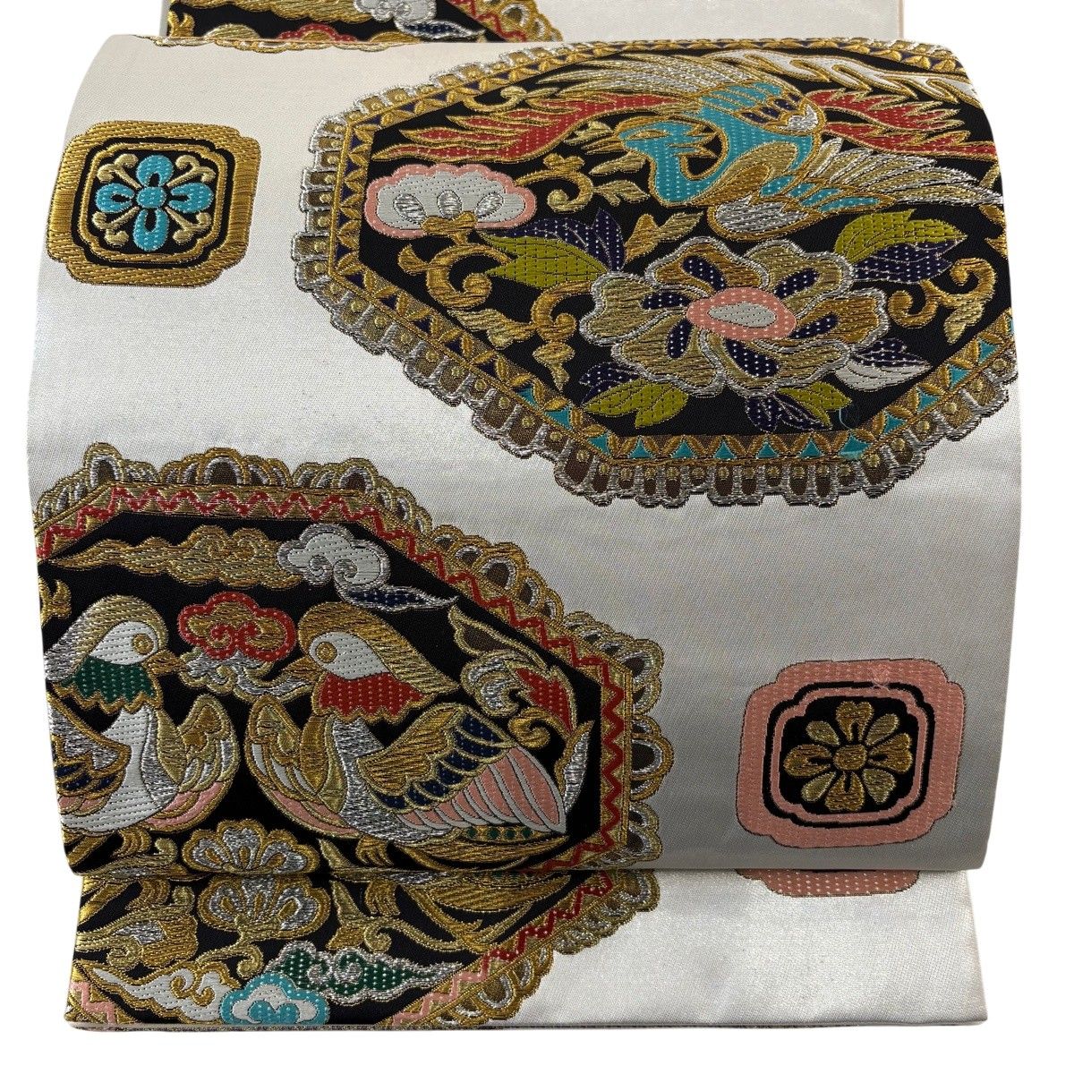 袋帯 秀品 向かい鳥 花唐草 金銀糸 箔 銀色 六通 正絹 【中古