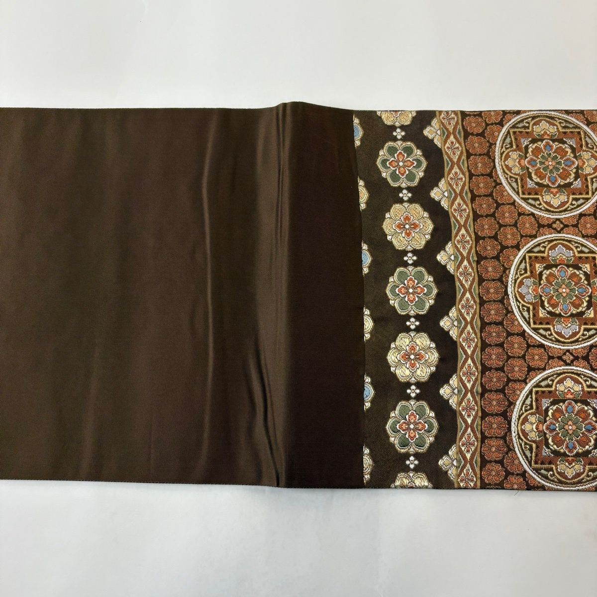 袋帯 秀品 華文 花喰い鳥 螺鈿 金糸 茶色 お太鼓柄 正絹 【中古