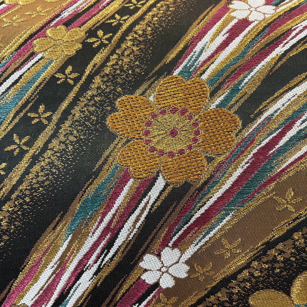 袋帯 秀品 振袖向き 桜 幾何学模様 金糸 箔 金色 六通 正絹