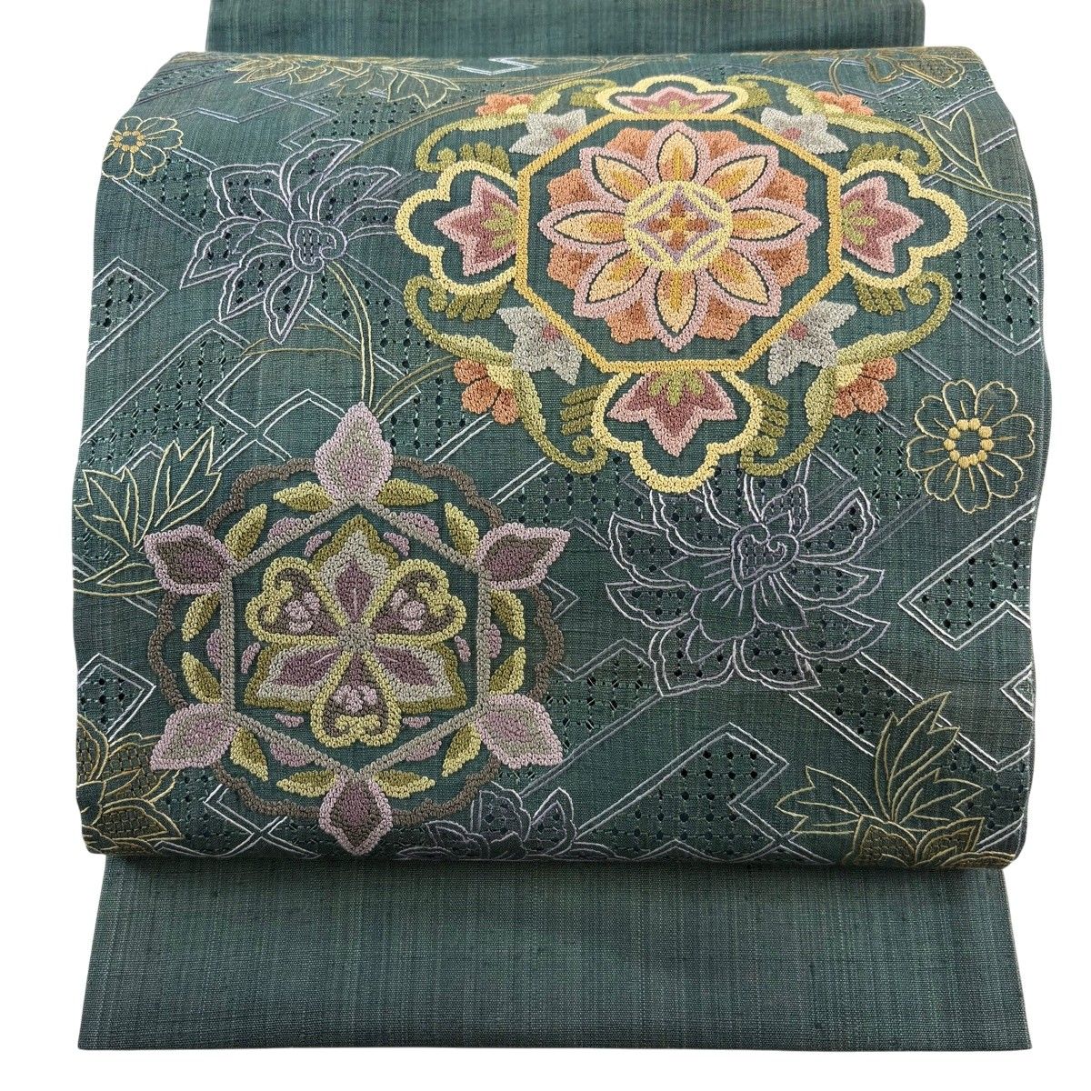 袋帯 秀品 紬地 華文 草花 相良刺繍 汕頭刺繍 緑 お太鼓柄 正絹 【中古