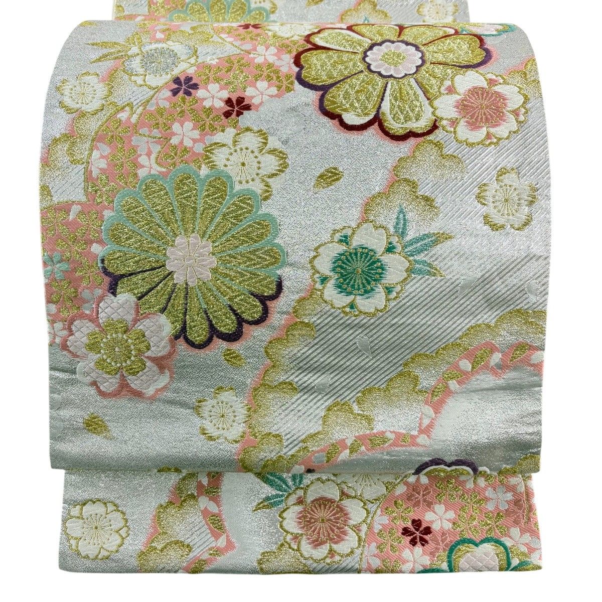 美品】 袋帯 秀品 振袖向き 紅遊 桜 菊 唐織 金糸 銀色 全通 正絹
