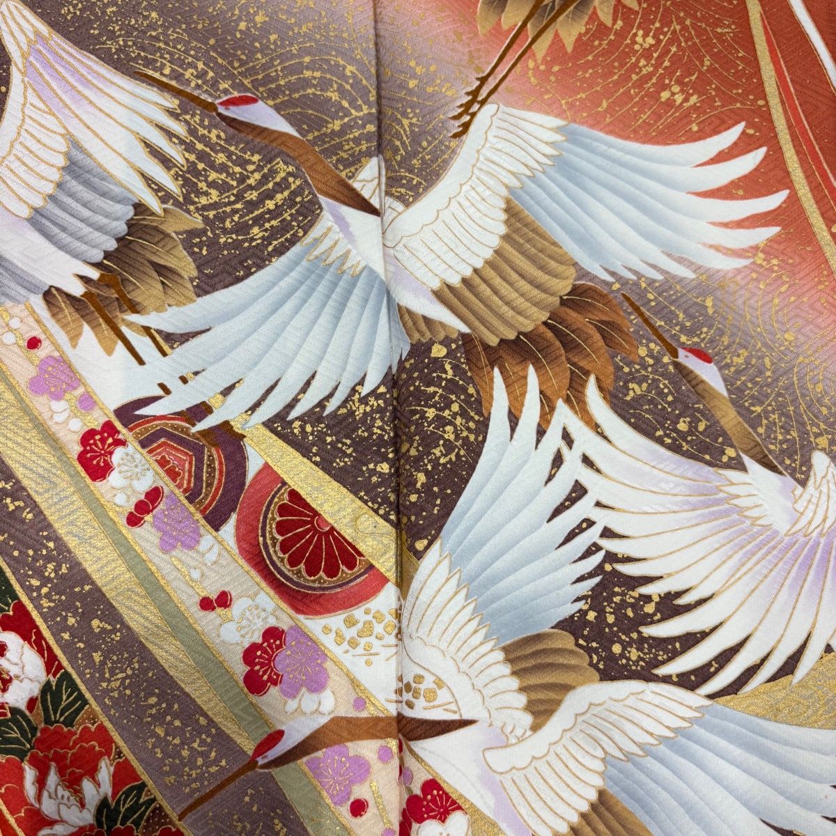 振袖 身丈156cm 裄丈63.5cm S 袷 鶴 熨斗 金彩 オレンジ 正絹 秀品