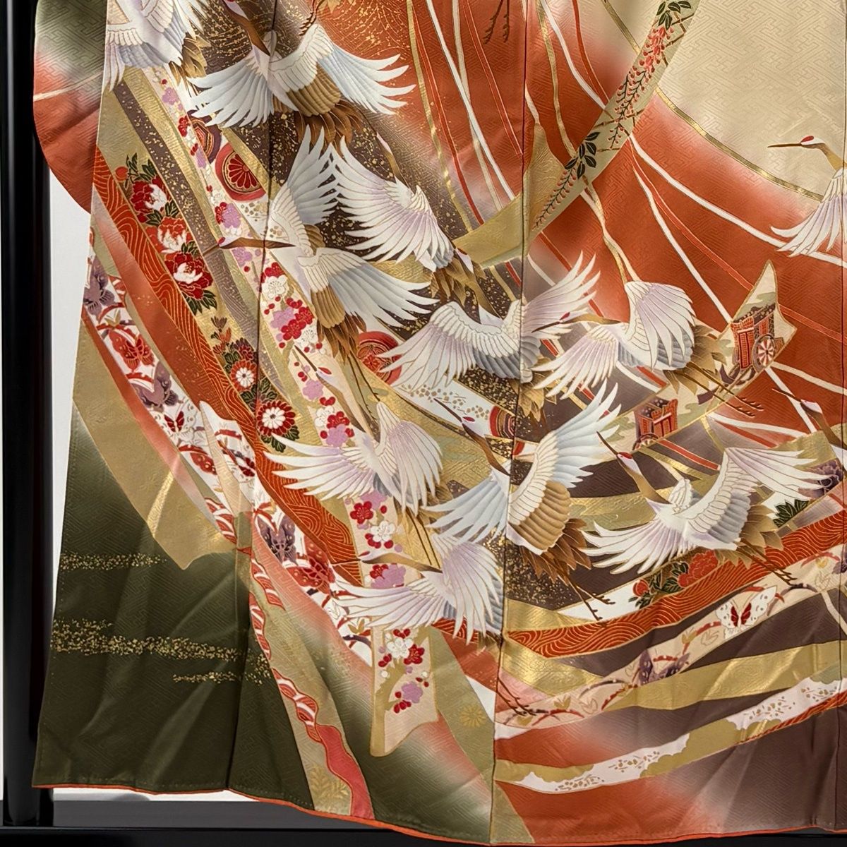 振袖 身丈156cm 裄丈63.5cm S 袷 鶴 熨斗 金彩 オレンジ 正絹 秀品