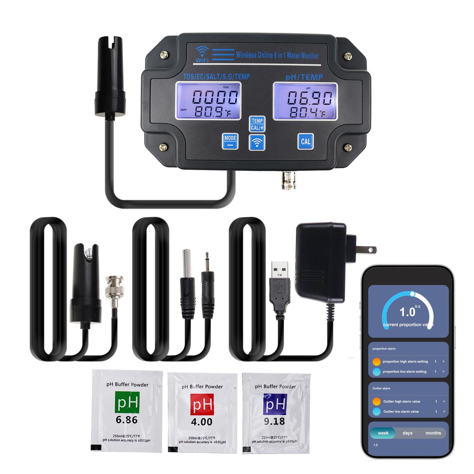 スマート6-in-1 水質テスター Wi-Fi | pH EC TDS 塩分 SG 温度 モバイルアプリによるリアルタイムモニタリング 水族館 魚のいる池 水耕栽培用の壁掛けデザイン