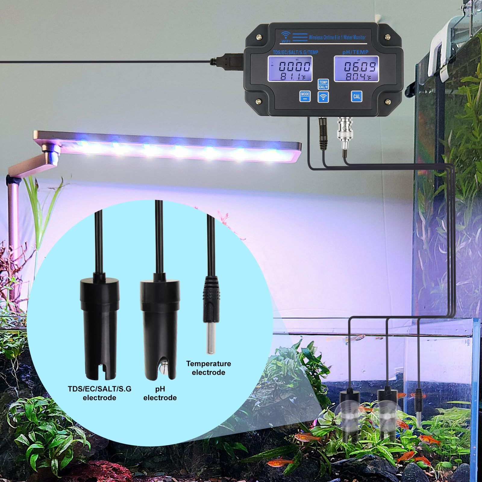 スマート6 in 1 水質テスター Wi Fi pH EC TDS 塩分 SG 温度 モバイルアプリによるリアルタイムモニタリング 水族館 魚のいる池 水耕栽培用の壁掛けデザイン
