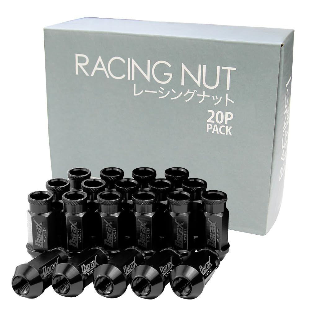 【色選択】デュラックス(Durax) 軽量 アルミホイールナット レーシングナット M12 P1.5 貫通ナット ロングタイプ 20個セット [ブラック/黒]