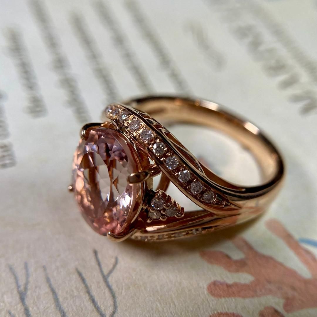 k18ピンクゴールド モルガナイト3.57ct ダイヤモンド 指輪 リング