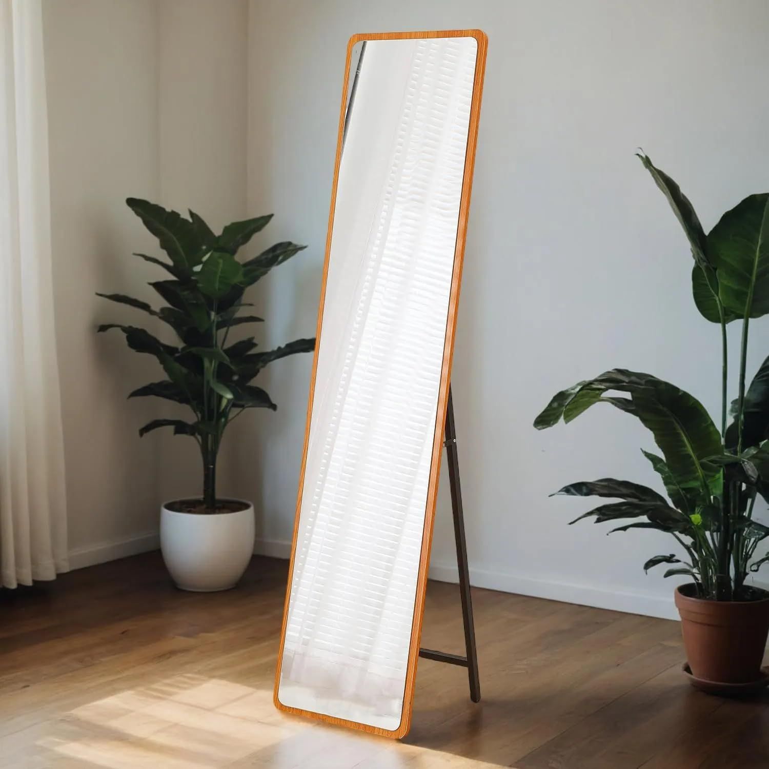 全身鏡 姿見鏡 160 x 40 cm おしゃれ 鏡 木枠 全身ミラー 飛散防止 壁掛け|立て掛けミラー 丸角 スタンドミラー すがた鏡 木目調 長方形