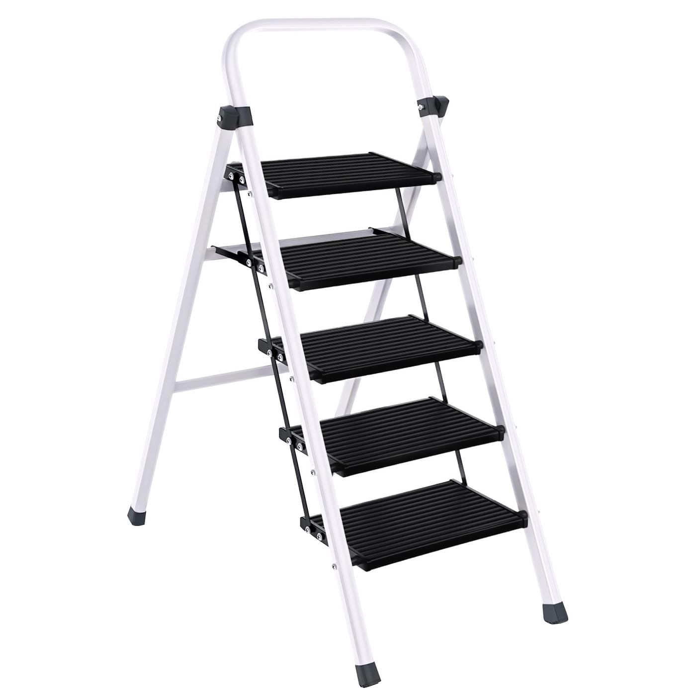 段 5 ホワイト 白 耐荷重150 KG 折り畳み 安全 コンパクト 軽量 ハシゴ ladder step 屋外 室内 梯子 はしご キャタツ スツール ステップ台 おしゃれ 手すり付き脚立 アルミ製ステップ 5段 折りたたみ 踏み台 脚立