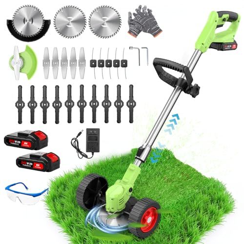 草刈り機 充電式草刈り機 1880 W高出力 21 V 2*2000 mAh大容量 強力電動草刈機 連続駆動40-50分 補助車輪付き 伸縮式 3段階で角度調整 多種類替刃付属 二重安全ロック 軽量アルミ合金製 家庭用業務用対応 雑草低木刈取 充電式 日本語説明