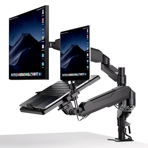デュアル ノートパソコン モニターアーム 安定性UP トレイ付き 11 17インチ対応 高度12 60 cm 角度自由に調整 ガススプリング グロメット式＆クランプ式 360度回転 17インチパソコン対応 15 2 9506 fb 77