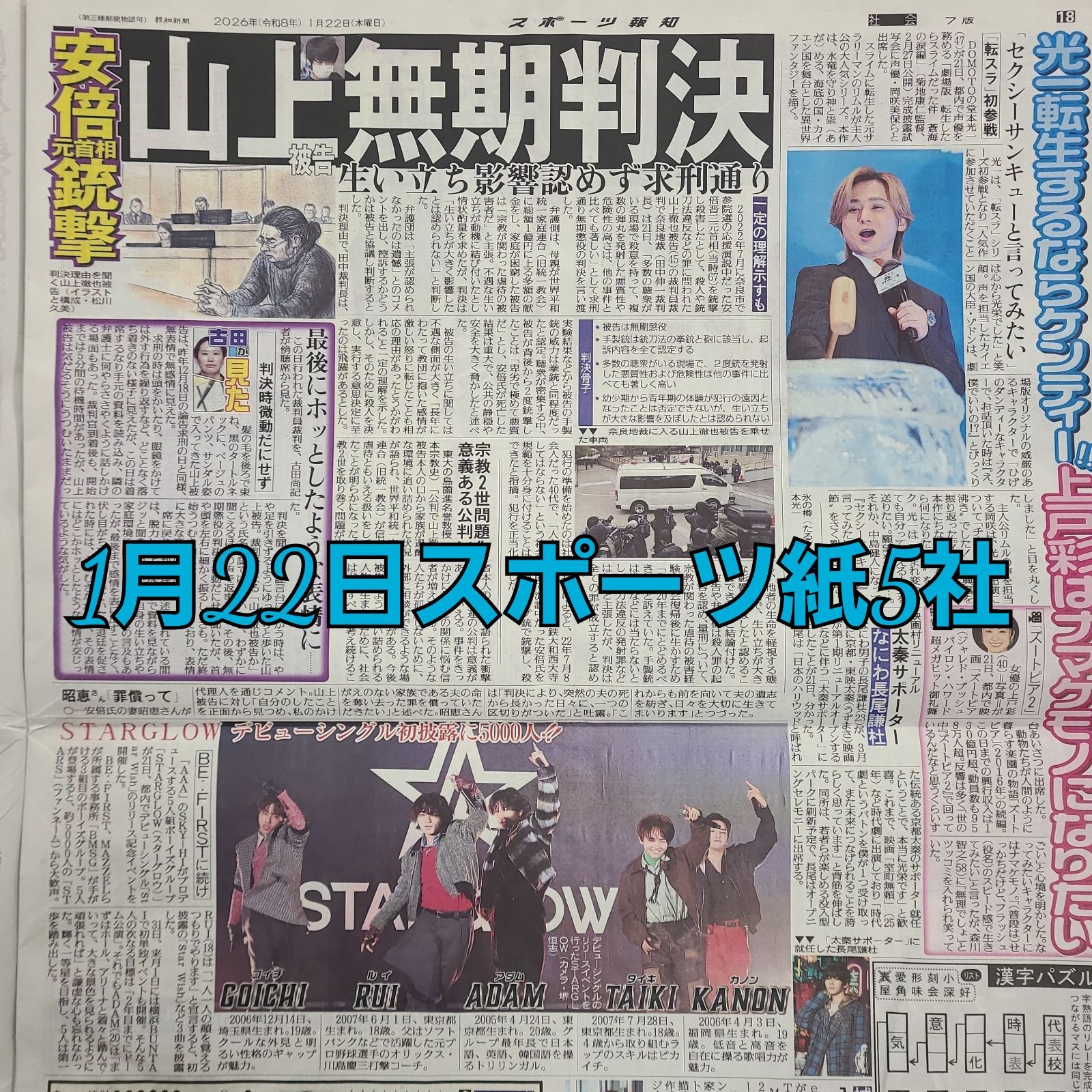 匿名配送！送料込み！ 1月22日 朝刊 スポーツ紙全5社 - メルカリ