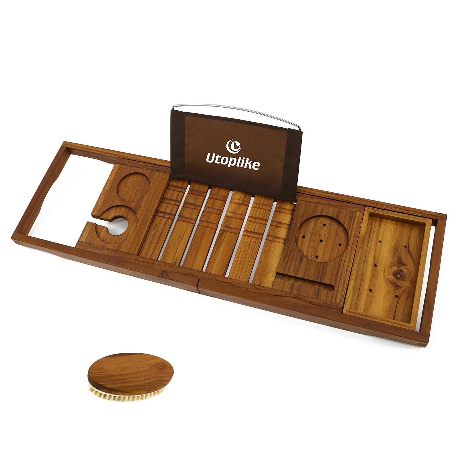 バステーブル お風呂トレイ バスラック チーク製 バストレー お風呂テーブル 伸縮性 調節 携帯 木製 ワイン バスタブトレー ホルダー Utoplike