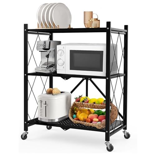 3段 折りたたみ棚 収納ラック スチールラック 折り畳みラック 可動棚 メタルラック オープンシェルフ キャスター付き レンジラック 頑丈なキッチンラック 折りたたみ式 金属制 組み立て不要 折りたたみ式シェルフ F ing Shelf Black 幅