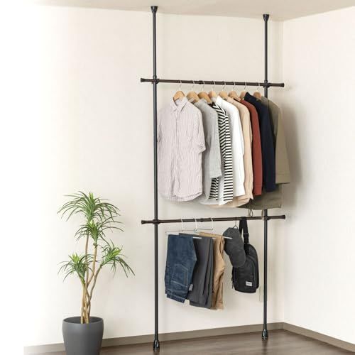 迅速に発送 ドウシシャ 省スペースに設置 な突っ張りハンガーラック 2段式 ブラック 夏服約48着収納 縦横伸縮 簡単組立 突っ張りラック スリム スチール 伸縮 おしゃれ 全体耐荷重24 kg 幅75~120×奥行7.5×高さ20 afce 03 e 7