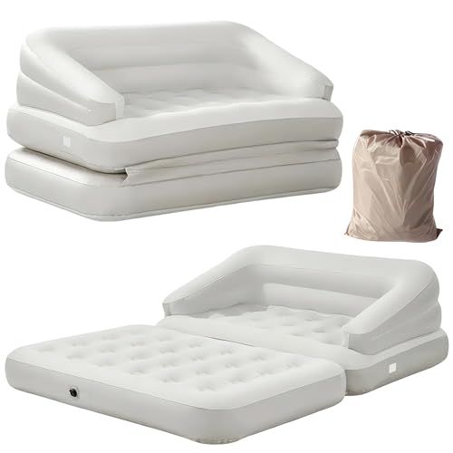 迅速に発送 エアーソファー ソファベッド 2 WAY｜ ×60 cm ミルキーホワイト｜折りたたみ 手動ポンプ付 耐荷重約300 kg｜フロック加工PVC 二重バルブで空気漏れ抑制｜収納袋付 家庭用 来客 キャンプ c 6 d 8 120