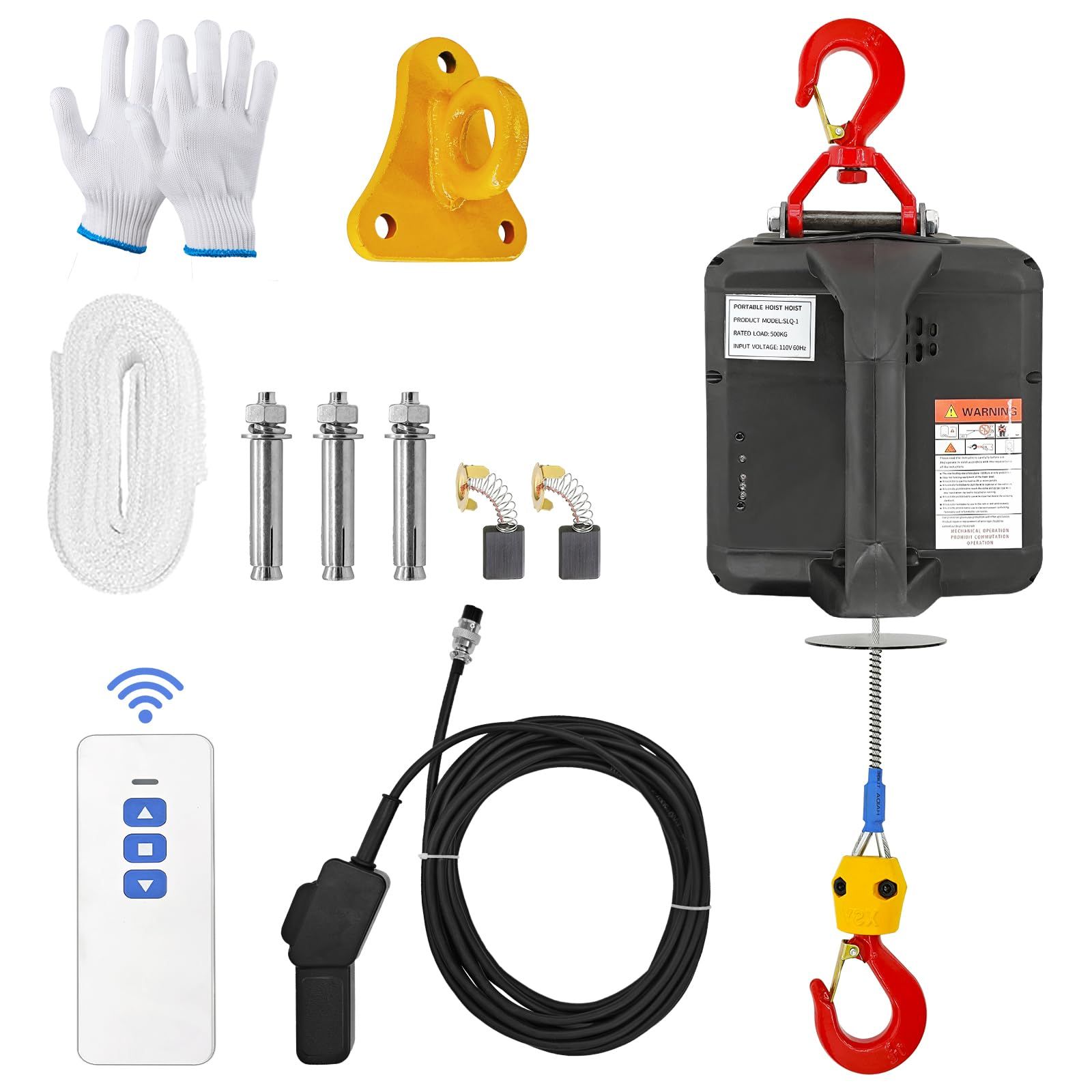 巻き上げ機 ウインチ 吊り上げ能力500 kg 揚程7 6 m 小型クレーン 過巻き防止機能 携帯型 電動ホイスト 3 in 1 500 無線リモコン 有線制御 手動 家庭用 110 v 業務用 エアコンの設置 けん引 装飾工事 荷役 電動ウインチ 日本語取扱説明書
