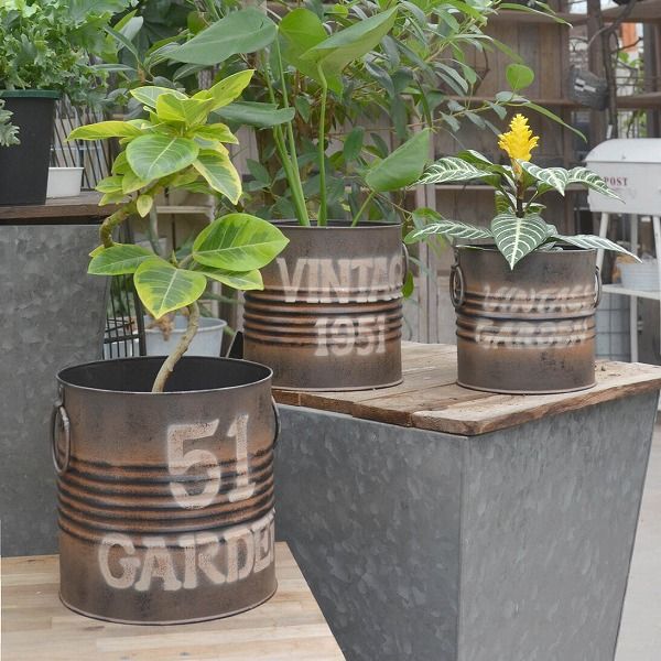 プランターカバー ビンテージ ラウンドティンプランター 3点セット