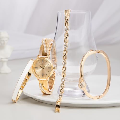 TIME 100 ギフトセット レディース プレゼント エレガントな腕時計と3つのブレスレット ギフト包装 日本製クォーツ腕時計 ゴールド色 9 c 741 e 59