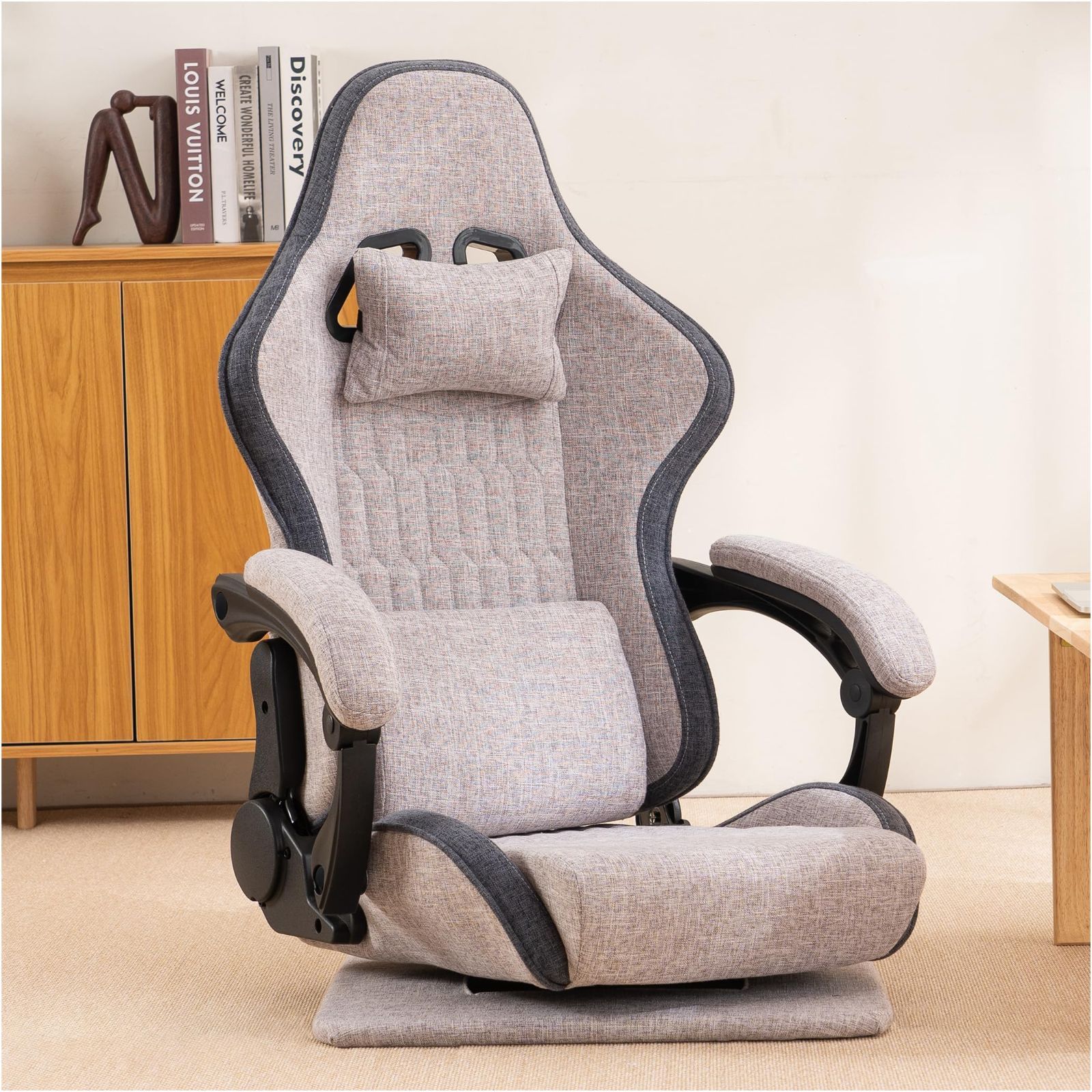 ゲーミング座椅子 ハイバック ファブリック 180°リクライニング ランバーサポート 連動アームレスト 回転式 ヘッドレスト付 腰が痛くならない 360°回転 グレー